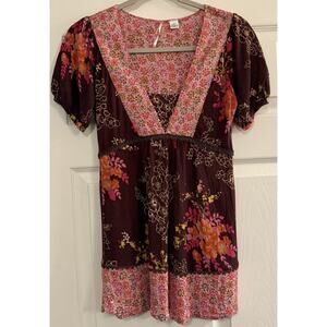 Anthropologie Ric Rac Baby Doll‎ Top Womens XS Brown Floral Lace Y2K Festival